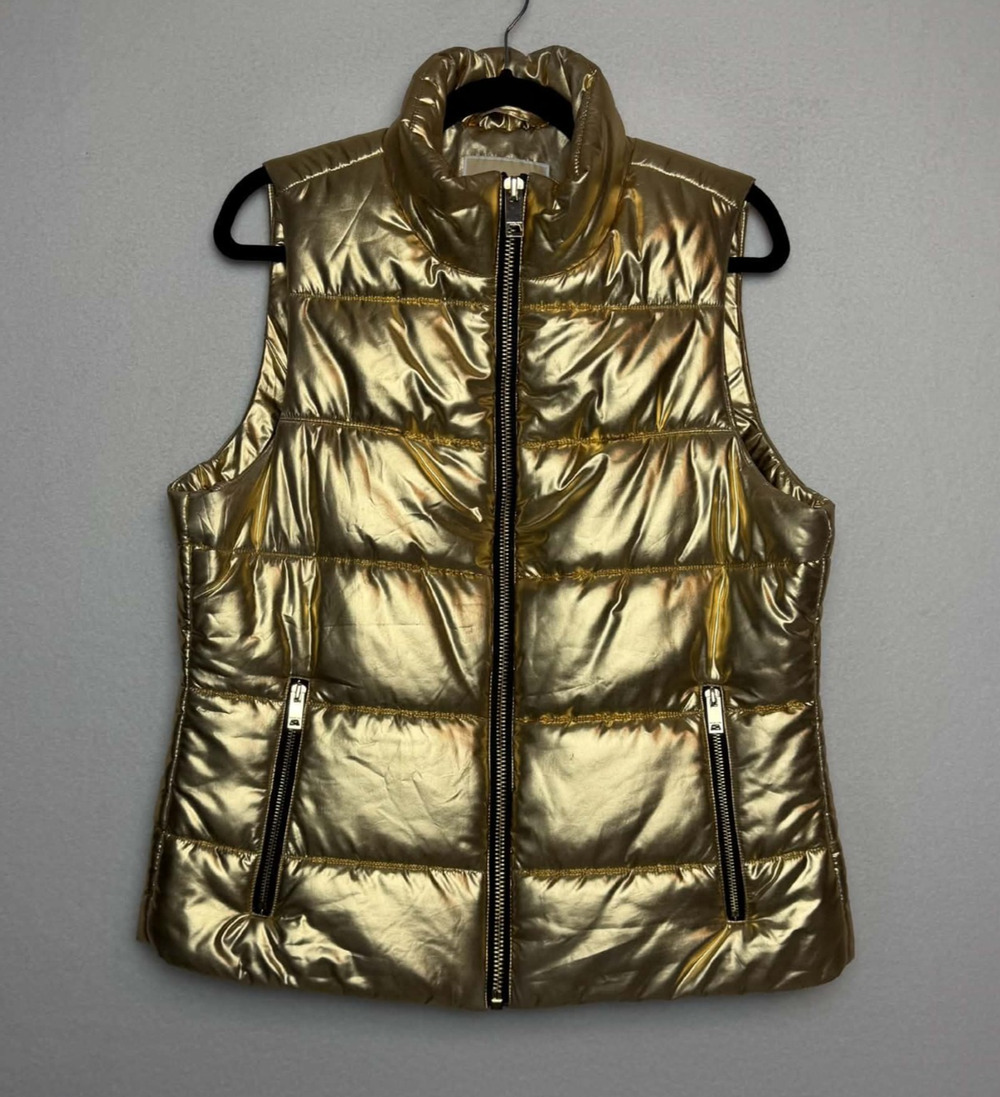 Michael Kors Shiny Metallic Gold Quilted Puffer Vest Full Zip Pockets Size Large